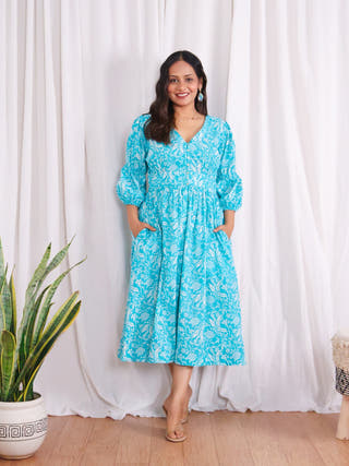 Bella Blue Fit-and-Flare Cotton Midi Dress