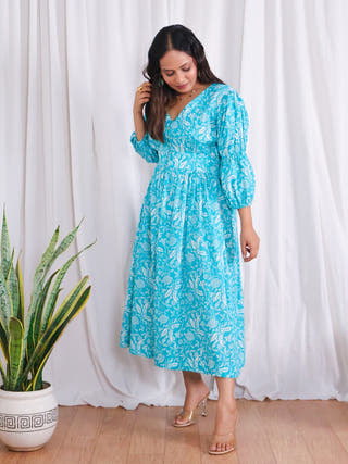 Bella Blue Fit-and-Flare Cotton Midi Dress