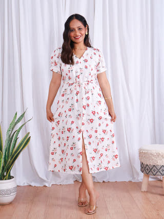 Rose White Floral Print Midi Dress