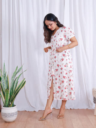 Rose White Floral Print Midi Dress