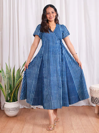 June Indigo HandBlock Dabu Stripes Print Cotton Wrap Dress