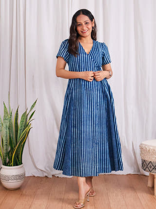 June Indigo HandBlock Dabu Stripes Print Cotton Wrap Dress