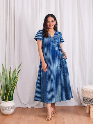 June Indigo HandBlock Dabu Stripes Print Cotton Wrap Dress