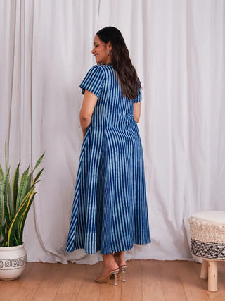 June Indigo HandBlock Dabu Stripes Print Cotton Wrap Dress