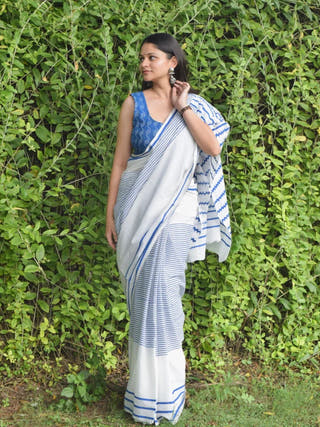 Urjaa White Blue Stripe Mul Saree
