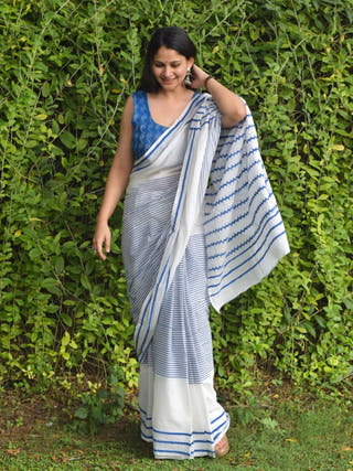 Urjaa White Blue Stripe Mul Saree