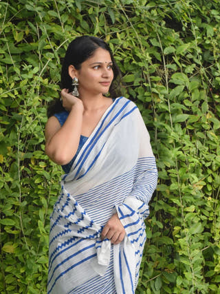 Urjaa White Blue Stripe Mul Saree