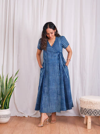 June Indigo HandBlock Dabu Stripes Print Cotton Wrap Dress