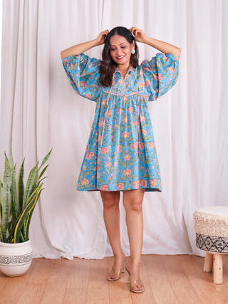 Katie Blue Puff Sleeves HandBlock Print Cotton Short Dress