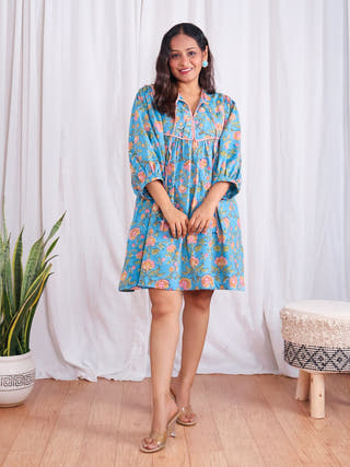 Katie Blue Puff Sleeves HandBlock Print Cotton Short Dress