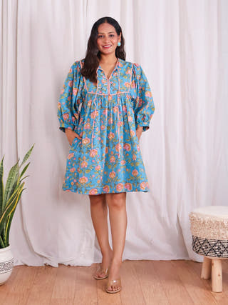 Katie Blue Puff Sleeves HandBlock Print Cotton Short Dress