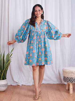 Katie Blue Puff Sleeves HandBlock Print Cotton Short Dress