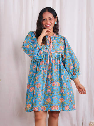 Katie Blue Puff Sleeves HandBlock Print Cotton Short Dress
