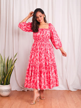 Jules Pink Cotton Tiered Midi Dress