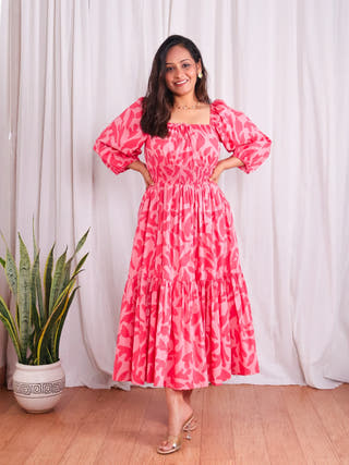 Jules Pink Cotton Tiered Midi Dress