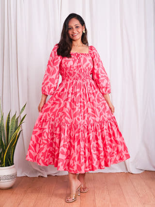 Jules Pink Cotton Tiered Midi Dress