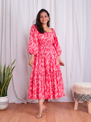 Jules Pink Cotton Tiered Midi Dress