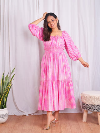 Sydney Pink Striped Cotton Tiered Midi Dress