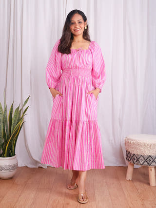 Sydney Pink Striped Cotton Tiered Midi Dress