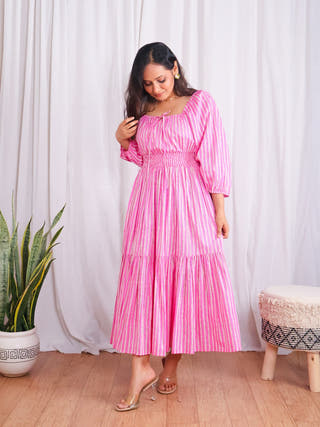 Sydney Pink Striped Cotton Tiered Midi Dress