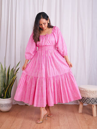 Sydney Pink Striped Cotton Tiered Midi Dress