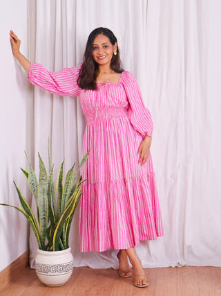 Sydney Pink Striped Cotton Tiered Midi Dress