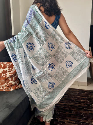 Minted Dreams White Block Print Saree