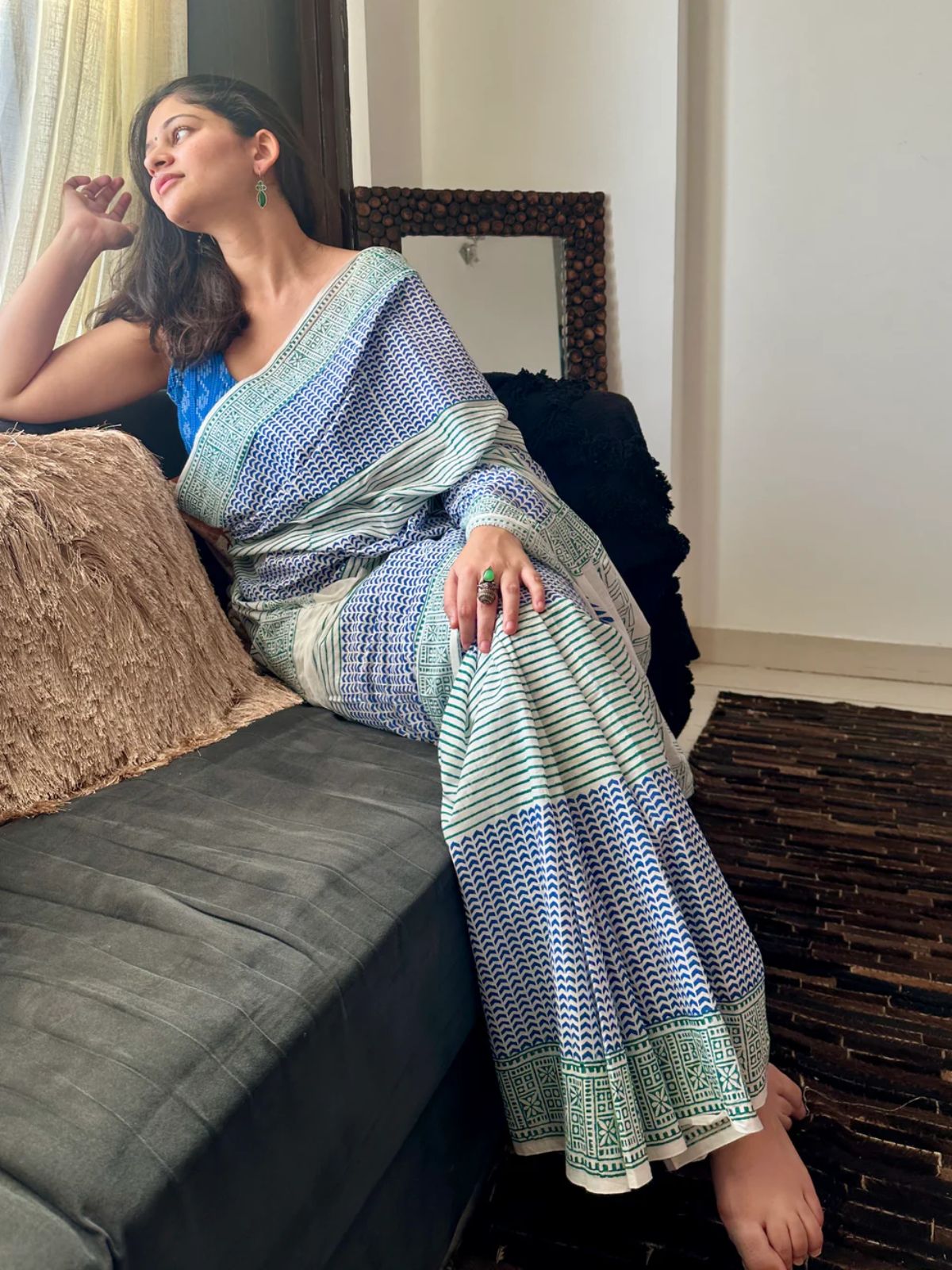 Minted Dreams White Block Print Saree image 2