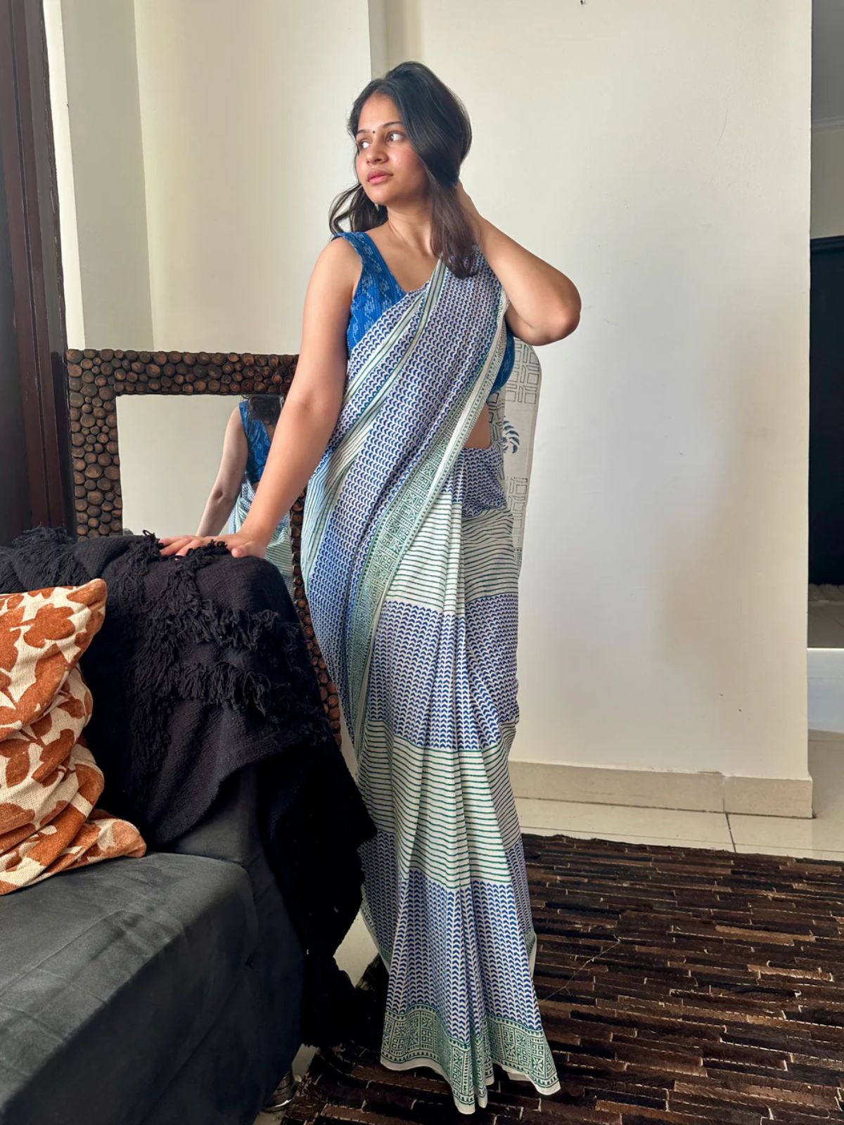 Minted Dreams White Block Print Saree image 1