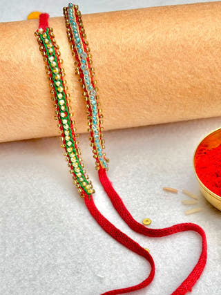Hand Embroidered Beaded Chain Rakhi | Set Of 2 | Green & Beige