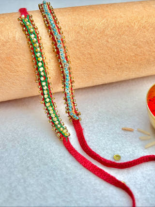Hand Embroidered Beaded Chain Rakhi | Set Of 2 | Green & Beige