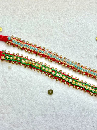 Hand Embroidered Beaded Chain Rakhi | Set Of 2 | Green & Beige