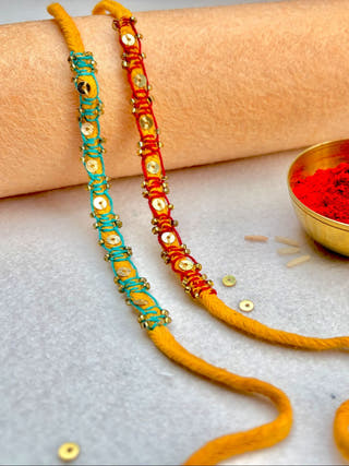 Hand Embroidered Blanket Sequin Rakhi | Set Of 2 | Sea Green & Red