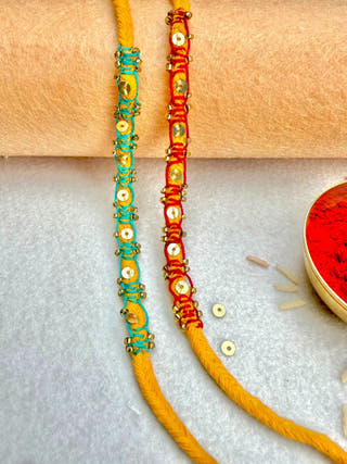 Hand Embroidered Blanket Sequin Rakhi | Set Of 2 | Sea Green & Red