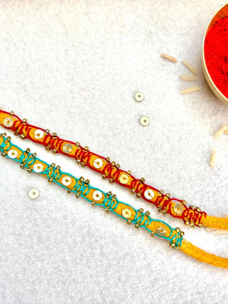Hand Embroidered Blanket Sequin Rakhi | Set Of 2 | Sea Green & Red
