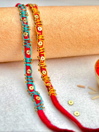 Hand Embroidered Blanket Sequin Rakhi | Set Of 2 | Turquoise & Yellow