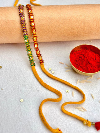 Hand Embroidered Blanket Sequin Rakhi | Set Of 2 | Red & Purple Green