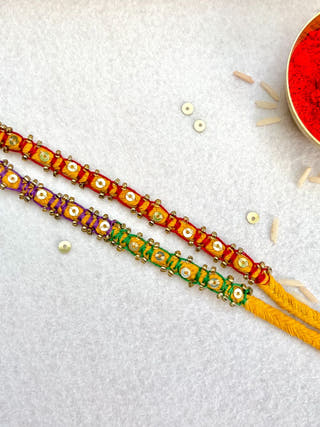 Hand Embroidered Blanket Sequin Rakhi | Set Of 2 | Red & Purple Green
