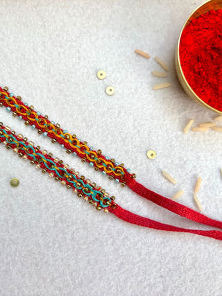 Hand Embroidered Double Leheriya Rakhi | Set Of 2 | Blue & Yellow
