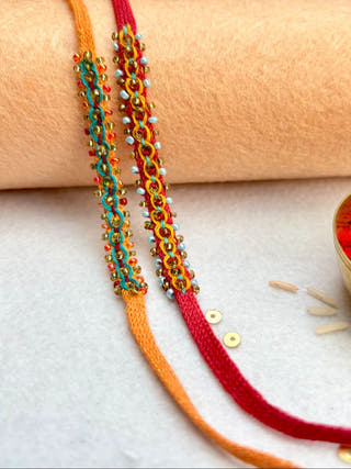 Hand Embroidered Double Leheriya Rakhi | Set Of 2 | Sea Green & Yellow