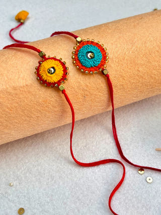 Hand Embroidered Sheesha Rakhi | Set Of 2 | Yellow & Blue