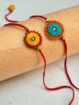 Hand Embroidered Sheesha Rakhi | Set Of 2 | Yellow & Blue