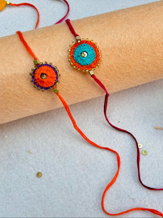 Hand Embroidered Sheesha Rakhi | Set Of 2 | Orange & Sea Green