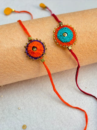 Hand Embroidered Sheesha Rakhi | Set Of 2 | Orange & Sea Green