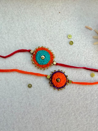 Hand Embroidered Sheesha Rakhi | Set Of 2 | Orange & Sea Green