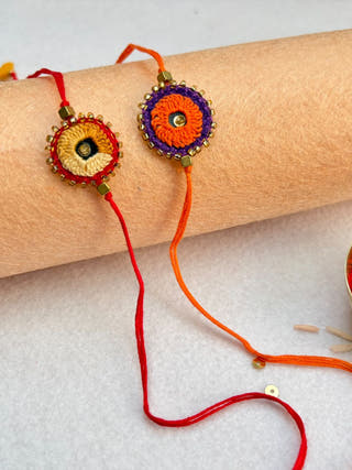 Hand Embroidered Sheesha Rakhi | Set Of 2 | Beige & Orange
