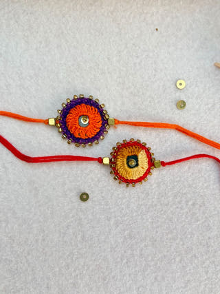 Hand Embroidered Sheesha Rakhi | Set Of 2 | Beige & Orange