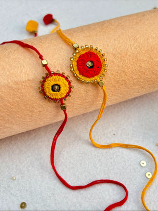 Hand Embroidered Sheesha Rakhi | Set Of 2 | Red & Yellow