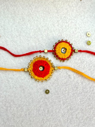 Hand Embroidered Sheesha Rakhi | Set Of 2 | Red & Yellow
