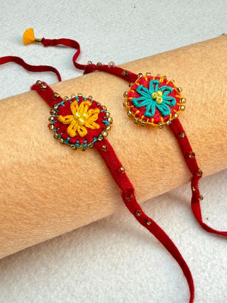 Hand Embroidered Flower Daisy Rakhi | Set Of 2 | Yellow & Blue